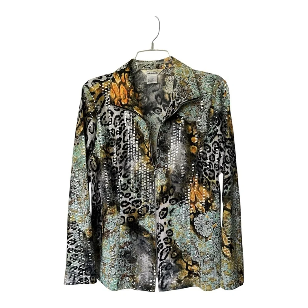 Exclusively Misook Jacket Stretch Sequins Animal Print Zip Artsy Excellent L